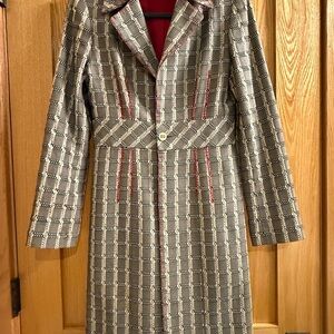 Lela Rose Checkered Trench Coat with Red Accents